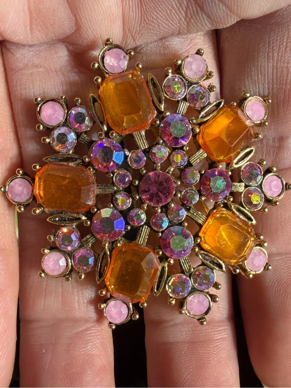 Vintage Gold-Tone Pink & Amber Crystal Snowflake Brooch